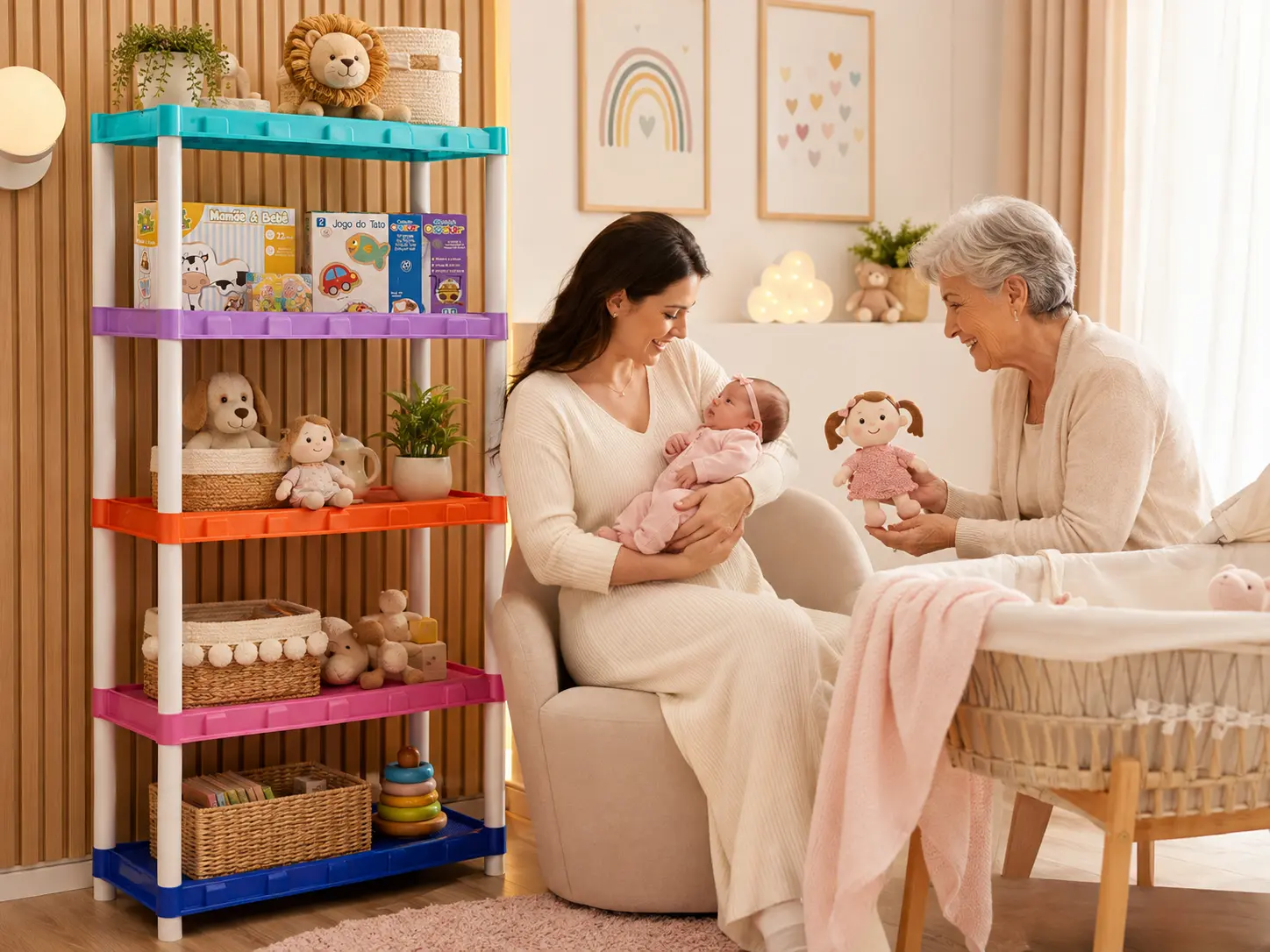 Estante multicolor com 5 prateleiras para organização da casa