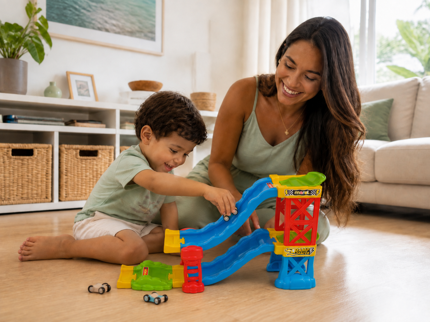 Mãe e filho brincando com o brinquedo Ramp Racer em uma sala acolhedora