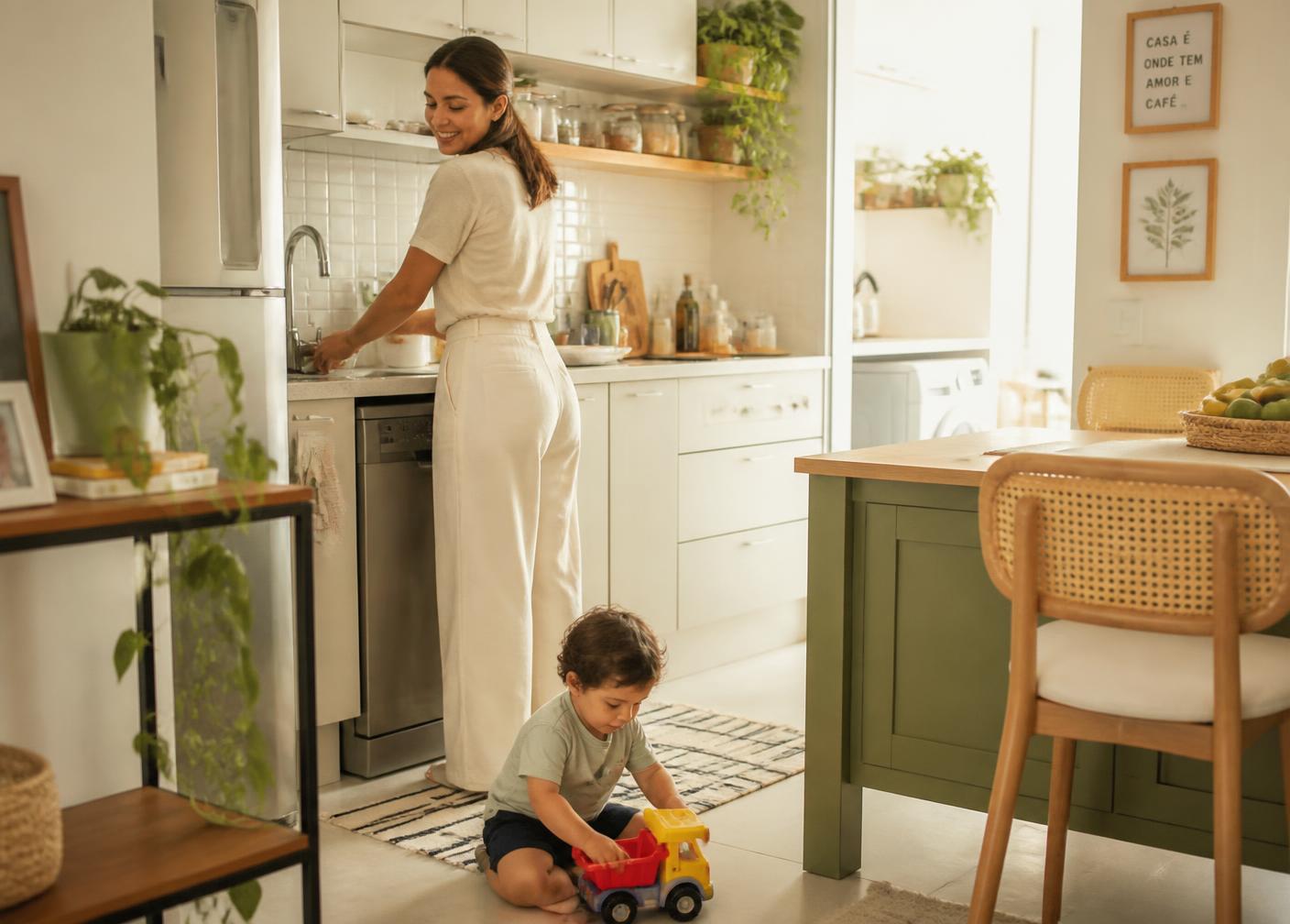 Mãe organizando a cozinha enquanto a criança brinca no chão em uma casa clara e acolhedora